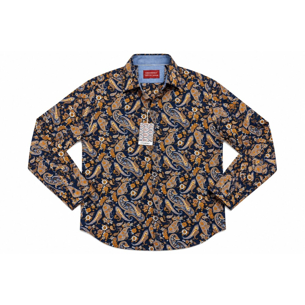 Consequence Men's Medium Navy Paisley Floral Button Down Casual Dress Shirt NWT